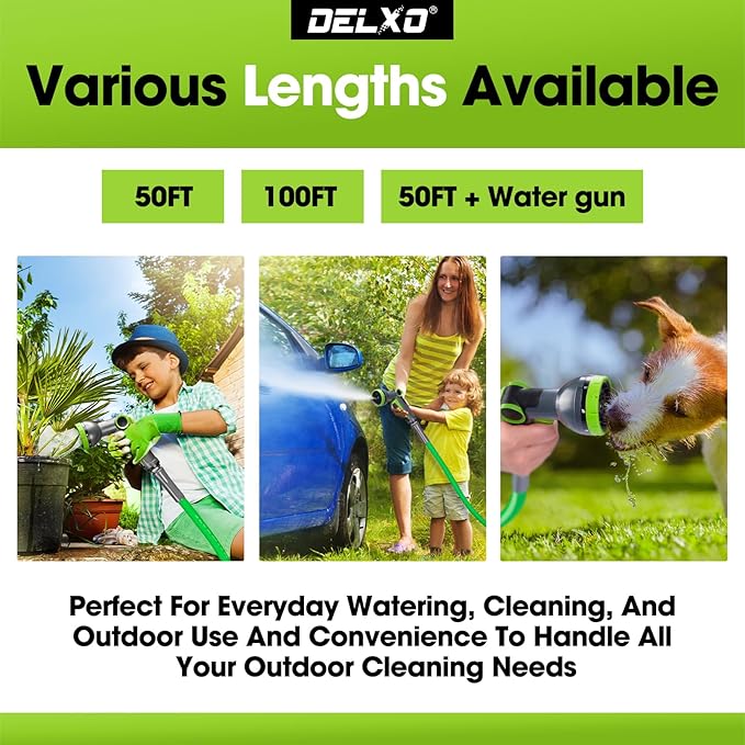 Delxo Garden Hose without Nozzle, 3/4 in. x 50 FT Non-Expanding Water Hose with Aluminum Alloy Interface, Heavy Duty Manguera Para Jardin, Water Pipe, Easy to Use for Gardening, Car Washing & Storage