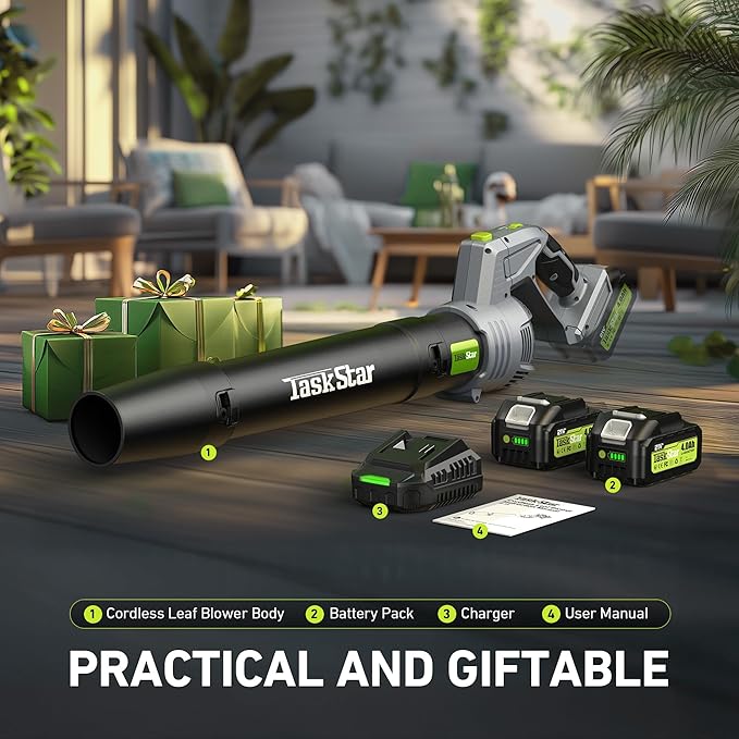 Leaf Blower Cordless, Swivel Head Design, 550 CFM Electric Blower w/2 Pcs 4.0 Ah Battery & Charger, Lightweight 3.7 Lbs Handheld Mini Leaf Blower, 5-Speed Blowers for Lawn Care Car Patio Yard