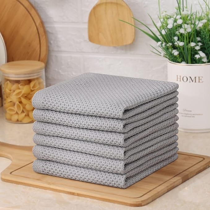 Kitinjoy 100% Cotton Kitchen Dish Cloths, 6 Pack Waffle Weave Ultra Soft Absorbent Dish Towels for Drying Dishes Quick Drying Kitchen Towels Dish Rags, 12 X 12 Inches, Light Grey