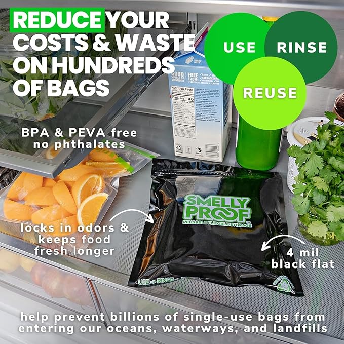 50pk 4-MIL Thick HEAVY DUTY Smelly Proof Reusable Bags Black, Washable Bags, US-Made BPA Free, No PEVA, Non-Silicone, Reusable Food Storage Bags, 50 x Reusable Freezer Bags, Quart 8.5" x 10"