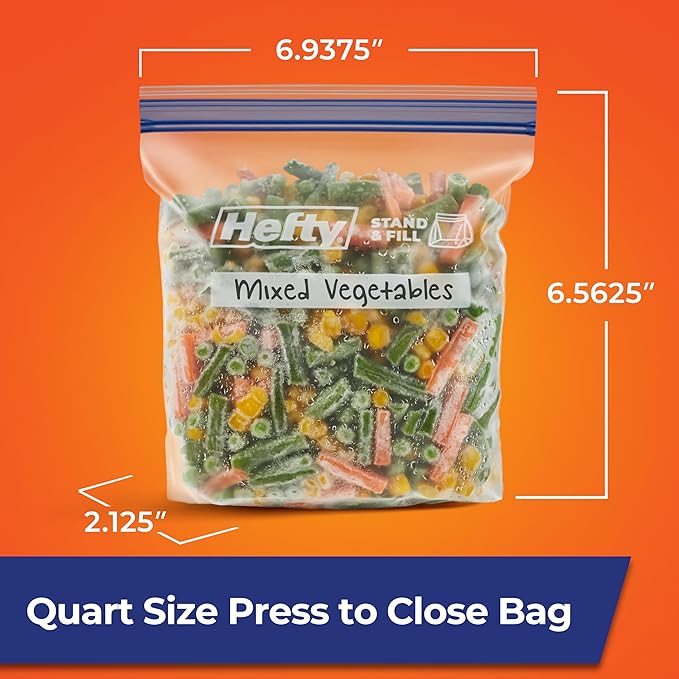 Hefty Press to Close Plastic Freezer Bags, Quart Size, 25 Count