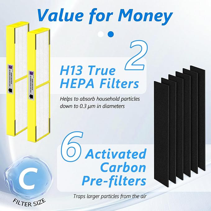 2 Packs FLT5000 H13 True HEPA Filter C Replacement Compatible with AC5000 AC5000E, AC5250PT, AC5300B, AC5350B, AC5350BCA, CDAP5500, AP2800CA, BXAP250 and IAP-GG-125 Air Cleaner Purifier
