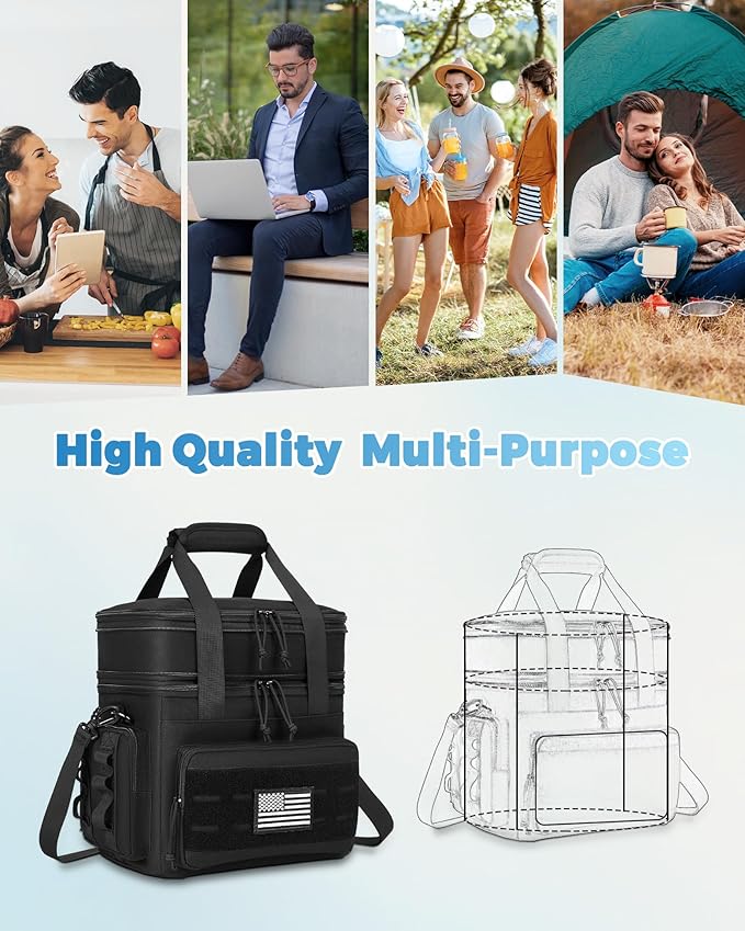 Tactical Lunch Bag & Lunch Box for Men - Large Double Deck Expandable Insulated Soft Adult Lunchbox for Work - Cooler Bag for Beach, Picnic, Camping,Outdoor,Travel (Black,23L)