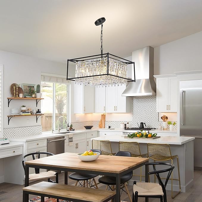 Black Chandeliers for Dining Room, Black Square Lndustrial Chandelier Crystal Pendant Light for Kitchen Island Dining Room Living Room Flat and Inclined Ceiling,L24 x W24 x H17.5