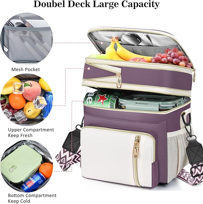 LOKASS Lunch Box & Lunch Bag for Women Men Double Deck, Large Insulated Adult Lunch Box Leakproof Lunchbox Cooler Bag for Work Picnic Beach,(Dark Pink 16L)