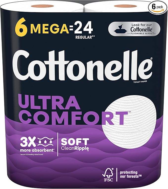 Cottonelle Ultra Comfort Toilet Paper, Strong Toilet Tissue, 6 Mega Rolls (6 Mega Rolls = 24 Regular Rolls), 268 Sheets per Roll, Packaging May Vary White