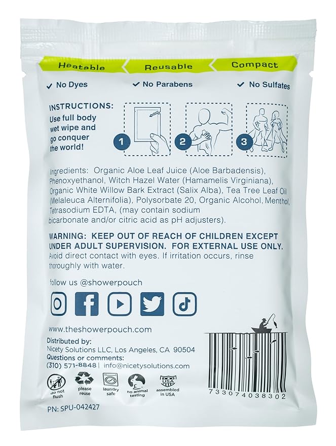 Shower Pouch XL (2' x 1') Bathing Body Wipes for Adults – Aloe-Infused Heatable & Reusable Bath Wipes for Camping, Travel, Outdoor – (5 Pack) Unscented