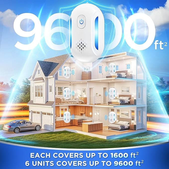 (2025 Upgraded) Ultrasonic Insect & Pest Indoor Repeller, Plug-in Control Device Electronic Repellent for Rodent, Mice, Rats, Roaches, Bugs, Ants, Spiders, Mosquitoes, 2 Mode Switching (6 Pack)