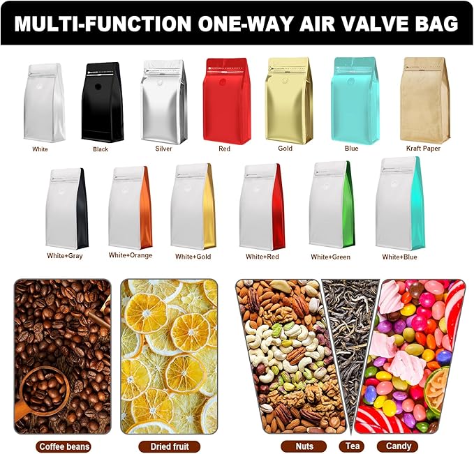 Coffee Bags with Valve(60pcs,8 oz,1/2 lb) Vented Coffee Beans Packaging Bags High Barrier Aluminumed Foil Flat Bottom Heat Sealed Side Zipper Resealable Storage Bag for Home or Business(White+Blue)