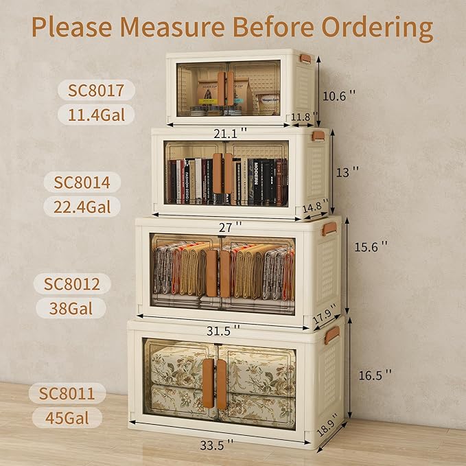 Plastic Stackable Storage Bins with Lids and Wheels, Foldable Closet Organizers and Storage Containers, Collapsible Clear Drawer Storage Cabinet with Doors Ivory White 304 QT