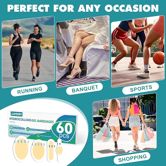 60pcs Hydrocolloid Blister Bandages,Gel Blister Bandages for Feet,Waterproof Blister Pads for Feet, Heel,Toe,Blister Prevention & Recovery, Blister Cushions with 4 Shapes