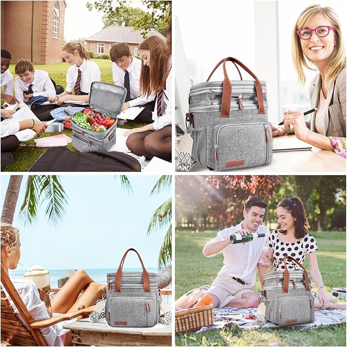 LOKASS Lunch Box & Lunch Bag for Women Men Double Deck, Large Insulated Adult Lunch Box Leakproof Lunchbox Cooler Bag for Work Picnic Beach,(Gray16L)