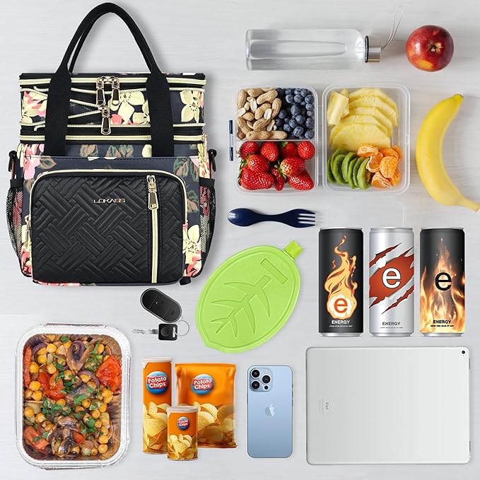LOKASS Lunch Box & Lunch Bag for Women Men Double Deck, Large Insulated Adult Lunch Box Leakproof Lunchbox Cooler Bag for Work Picnic Beach,(Floral 16L)