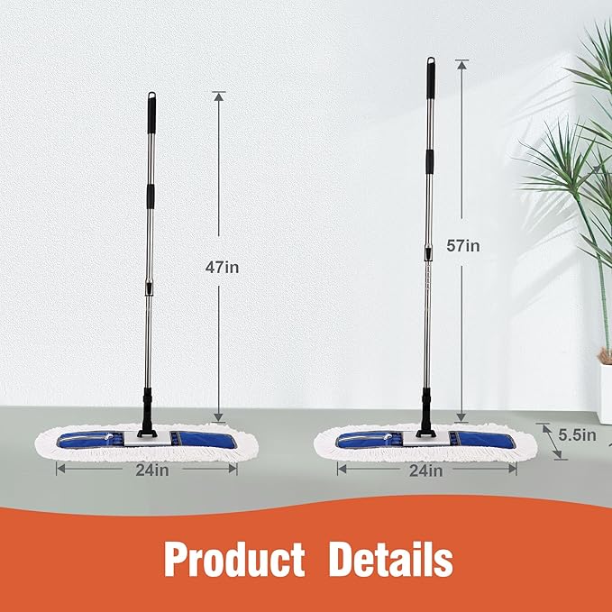 24" Heavy-Duty Commercial Dust Mop for Hardwood Floors & Large Areas - with 2 Microfiber Pads, Reinforced Telescoping Handle for Stable Cleaning in Homes, Garages & Commercial Spaces