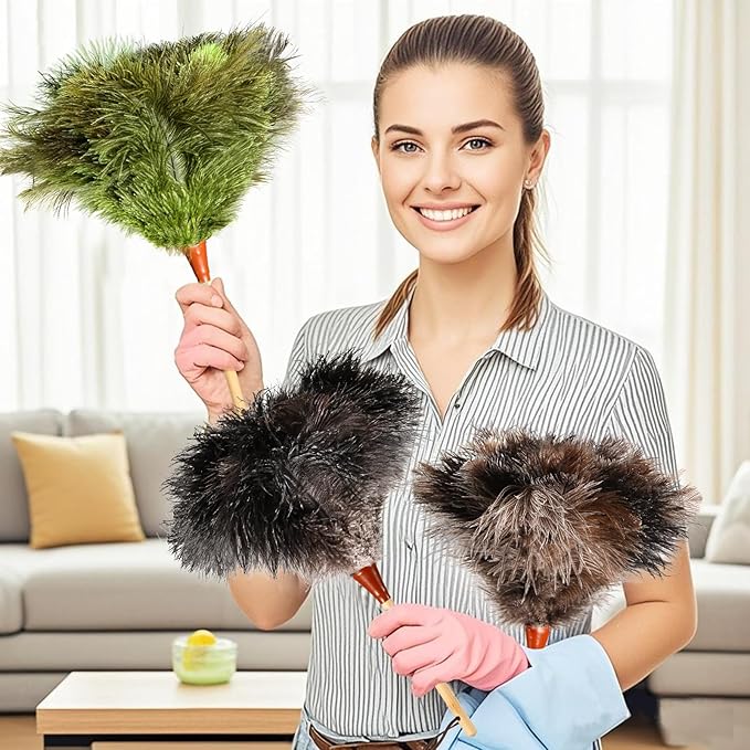 Natural Good Ostrich Feather Duster with Bamboo Handle, Electrostatic Dust Remove for Ceiling,Fans,Bookshelves, Sofa, Windows, Fit for Home, Office and Cars Duster Green