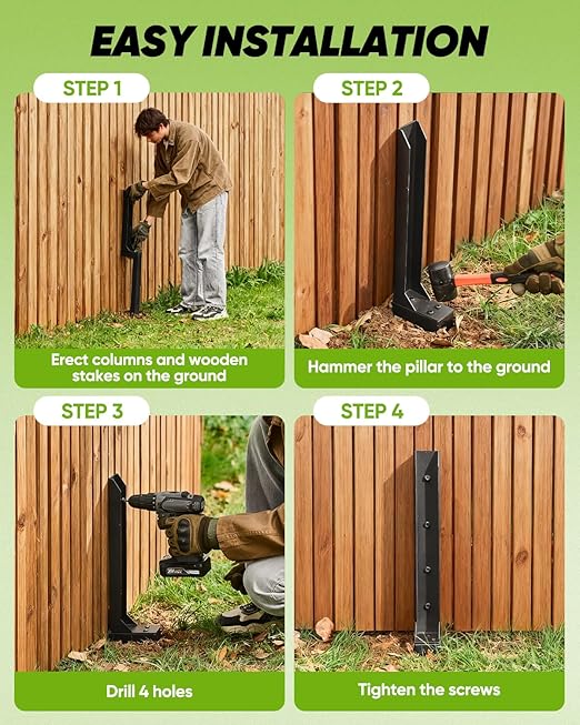 Saker Fence Post Repair Kit, Heavy Duty Support for Leaning/Broken 4x4 & 6x6 Wood Posts, Includes Steel Anchor & Stakes, 11-Gauge Thickened Metal, 2-Pack