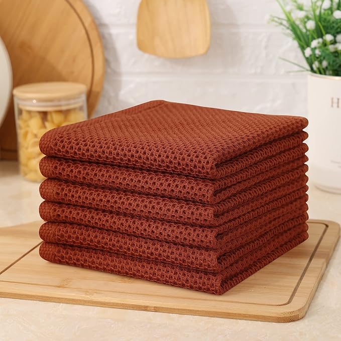 Kitinjoy 100% Cotton Kitchen Dish Cloths, 6 Pack Waffle Weave Dish Towels Ultra Soft Absorbent Quick Drying Dish Rags, 12 X 12 Inches, Rust