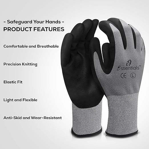 I9 Essentials 12 Pairs MicroFoam Nitrile Coated Work Gloves – Lightweight Grip Safety Gloves for Construction, Gardening, Assembly, Automotive & Warehouse Use (Large)