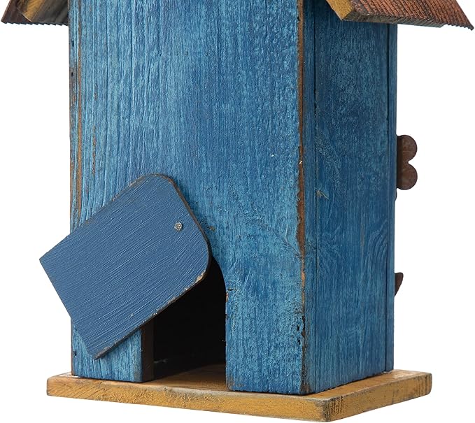Glitzhome 10.2" H Hanging Bird House for Outdoor Patio Garden Decorative Birdhouse Pet Cottage Distressed Wooden Birdhouse, Flower Rustic Blue