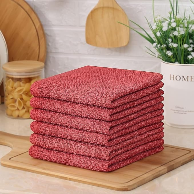 Kitinjoy 100% Cotton Kitchen Dish Cloths, 8 Pack Waffle Weave Ultra Soft Absorbent Dish Towels for Drying Dishes Quick Drying Kitchen Towels Dish Rags, 12 X 12 Inches, Brick Red