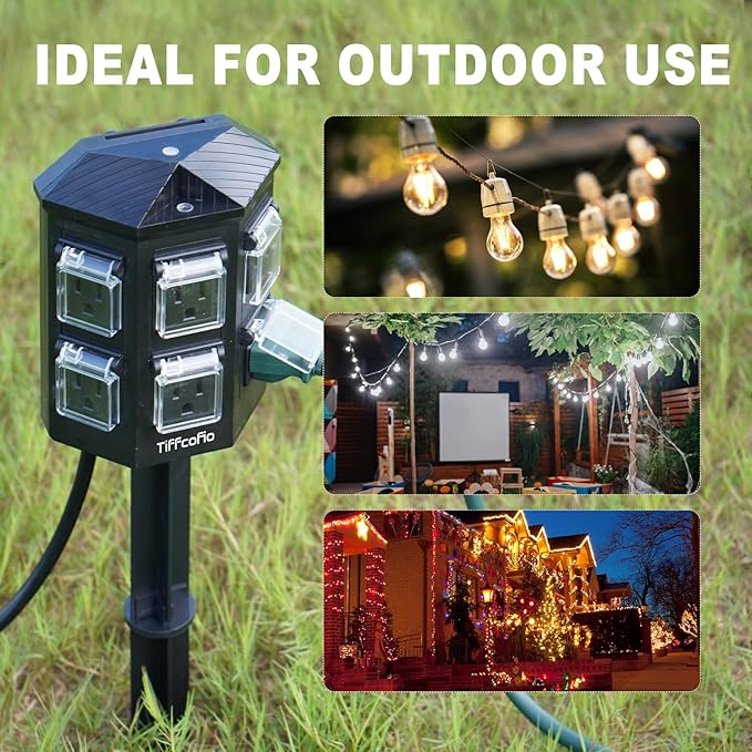 TiFFCOFiO Outdoor Power Strip Weatherproof, 15 FT Extension Cord with Stake, 6 Grounded Outlets for Halloween Inflatables and Decorations, 15A/1875W, ETL Listed