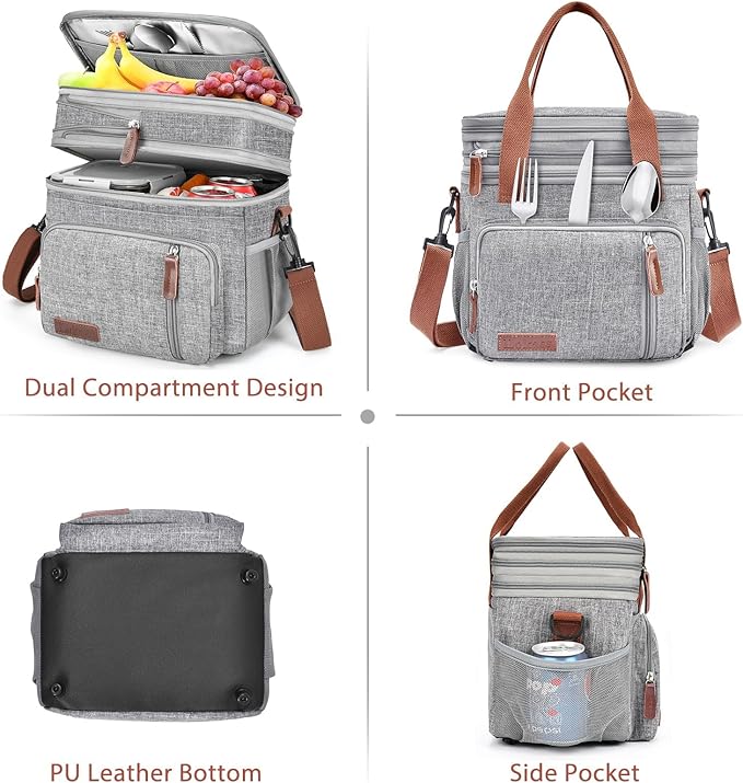 LOKASS Lunch Box & Lunch Bag for Women Men, Expandable Insulated Adult Lunch Box Leakproof Cooler Bag with Adjustable Shoulder Strap, Reusable Womens Lunch Bags for Work Picnic Beach, 16L, Grey