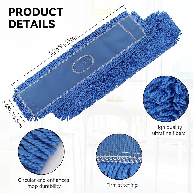 36 Inch Dust Mop Head: Replacement Medium Washable Commercial Mop Head Sweeper and Janitorial Replacement Blue (Blue - 36 Inch, 3 Pack)