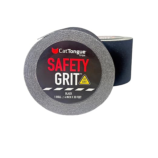 CatTongue Safety Grit Abrasive Grip Tape 4” – 60 Grit Anti-Slip Tape - Waterproof, Safety Traction for Stairs, Ramps and Walkways - Indoor/Outdoor Use (Black, 30ft)