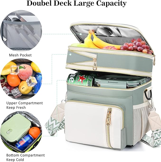 LOKASS Lunch Box & Lunch Bag for Women Men Double Deck,Large Insulated Adult Lunch Box Leakproof Lunchbox Cooler Bag for Work Picnic Beach,(Olive Green16L)