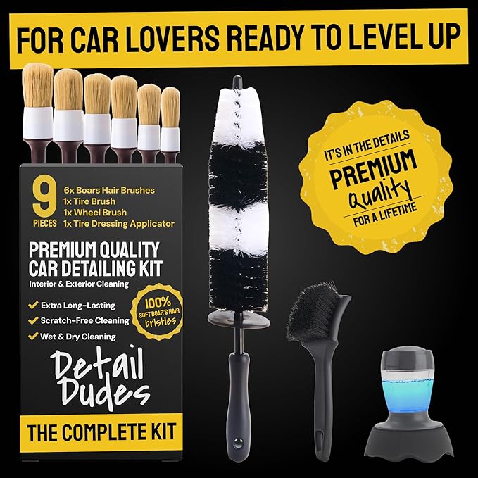 Soft Boars Hair Car Detailing Brush Set for Washing (6 Pack) - Interior Car Detailing Kit - Automotive Interior Dusting Brush - Auto Cleaning Supplies