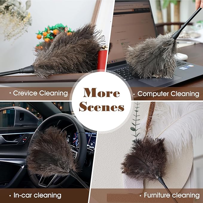 Natural Ostrich Feather Duster 14.9 inch Fluffy Mini Dusters with Plastic Handheld for Cleaning Car Keyboard Office 6 PCS