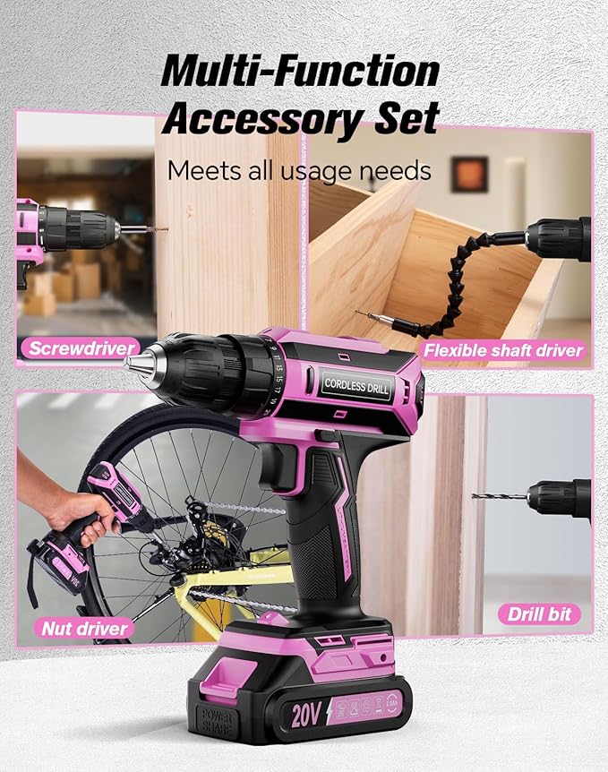 Pink Cordless Drill Set, 20V Max PowerDrill for Women, Lightweight ElectricDrill with Power Pack and Charger, 25 Position and 56 Pcs Accessoires, Womens Drill Tools Kit for House
