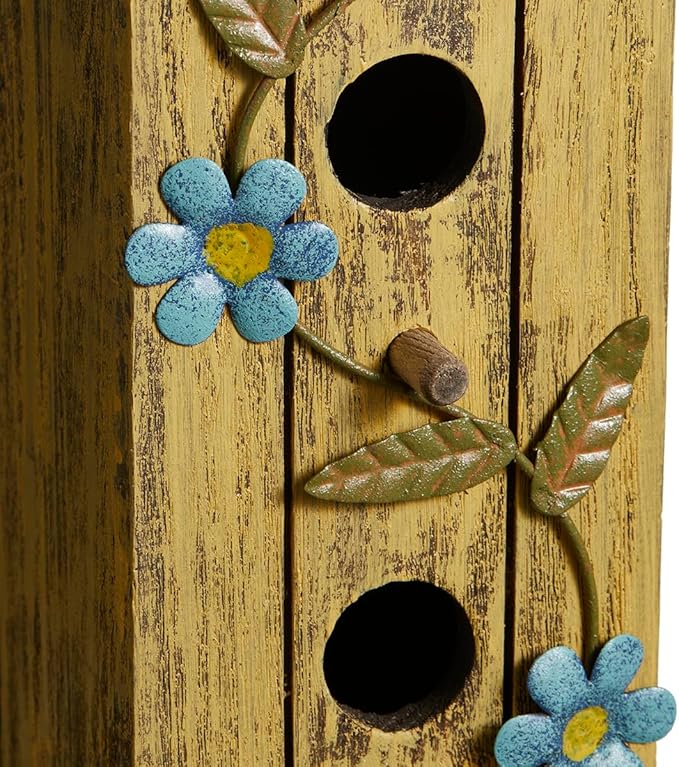 Glitzhome Bird houses for Outside,11.75"H Hand Painted Distressed Wooden Decorative Hanging Bird House for Outdoor Garden Birdhouse with 3D Metal Flower for Swallow Sparrow Hummingbird Finch Cardinals