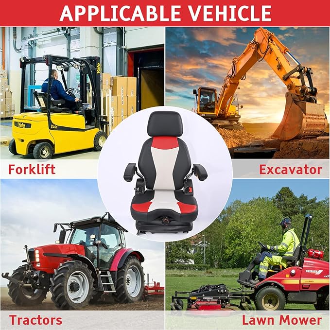 Universal Lawn Mower Seat,Highback Low Suspension Forklift Seat with Adjustable Headrest,Adjustable Armrests Shock Absorber Heavy Duty Seat for Zero Turn Mower/Excavator/Harvester/Tractor
