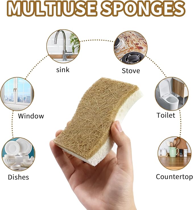 Biodegradable Natural Kitchen Sponge, Compostable Cellulose and Coconut Scrubber Eco-Friendly Dishwashing Sponge, 12 Pack Household Cleaning Foam for Dishes