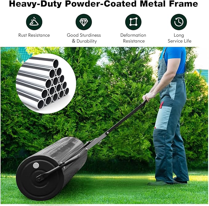 Goplus Lawn Roller, Push/Tow Behind Lawn Roller, 30 Gallon/113L Water Sand Filled Sod Roller Drum Roller with Detachable Gripping Handle, Yard Roller Pull Behind a Tractor for Garden Yard Park Farm