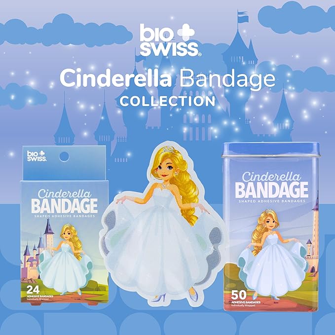 BioSwiss Kids Bandages, Princess Cinderella Shaped Self Adhesive Bandage Set, Latex Free, Sterile Wound Care, 50 Count