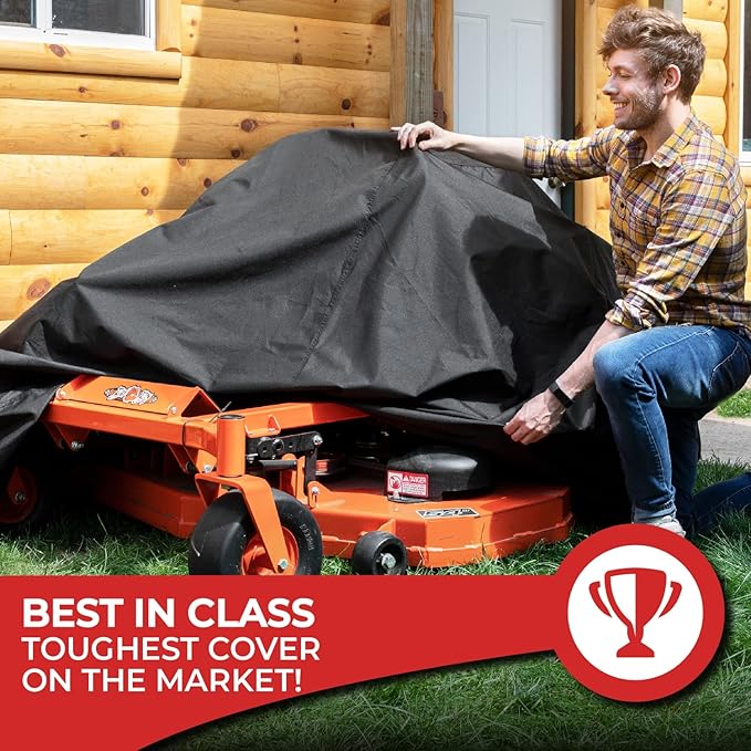 Tough Cover Zero Turn Mower Cover - 600D Marine Grade Fabric - Black - Waterproof & Drawstring Strap - Riding Lawn Mower Cover with UV, Dust, Rain & Snow Protection