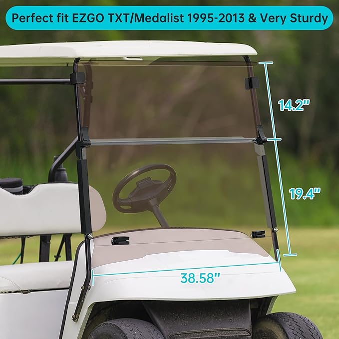 10L0L Tinted Golf Cart Windshield for EZGO TXT/Medalist Gas and Electric 1995-2013, Foldable Golf Cart Windscreen, Anti-UV and Impact Resistant