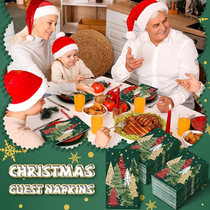 Jetec 200 Pcs Christmas Disposable Paper Guest Towels for Bathroom Christmas Paper Napkins Red Green Xmas Tree Decorative Guests Towel 2 Ply Christmas Napkins for Holiday Kitchen Dining Table