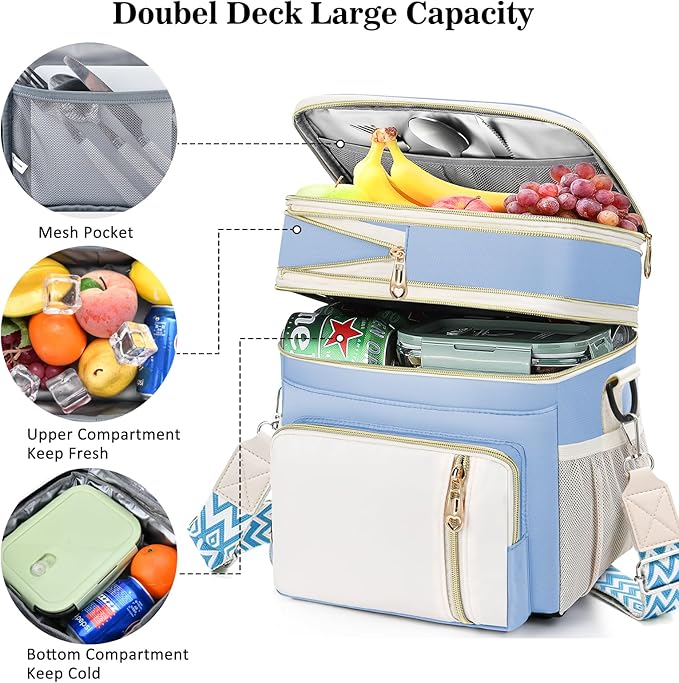 LOKASS Lunch Box for Women/Men-16L-Insulated Lunch Bag, Expandable Double-layer Leakproof Cooler Bag with Upgrade Adjustable Shoulder Strap Ideal for Work/Travel/Picnics(Sky Blue)