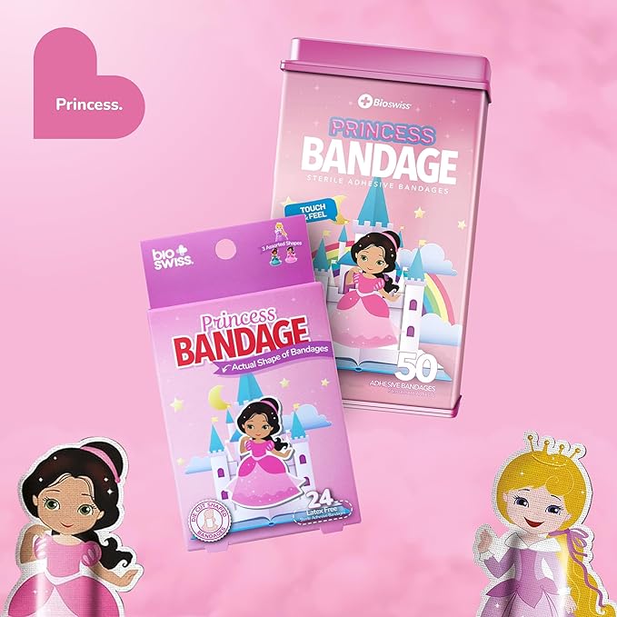 BioSwiss Kids Bandages, Princess Shaped Self Adhesive Bandage Set, Latex Free, Sterile Wound Care, 24 Count