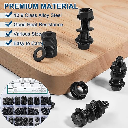 280PCS Heavy Duty Hex Flange Bolts and Nuts Kit,M6 M8 M10 Nuts and Bolts Assortment Kit,10.9 Class Alloy Steel Metric Bolt Assortment with Storage Box