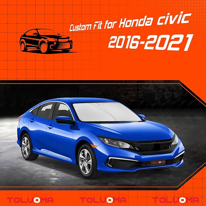Custom Fit Windshield Sun Shade for Honda Civic 2016-2021 - Full Coverage, 210T Reflective Fabric, Double-Layer Design - Blocks 99% UV Rays, Keeps Car Cool, Easy to Install and Store