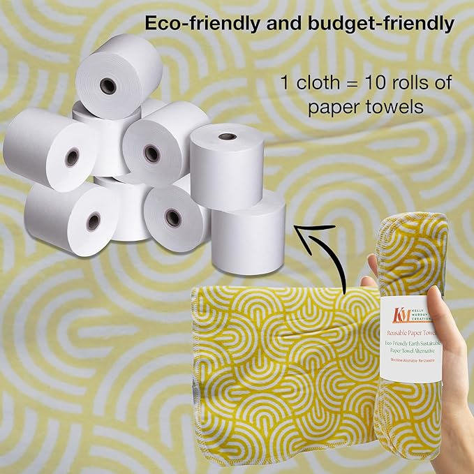 Pack of 10 Reusable Paper Towels | 10x10 Inch Cotton Towels | Kitchen Utensils Print | Eco Friendly, Washable, Quick Drying | Sustainable Cleaning Cloths | Yellow Modern