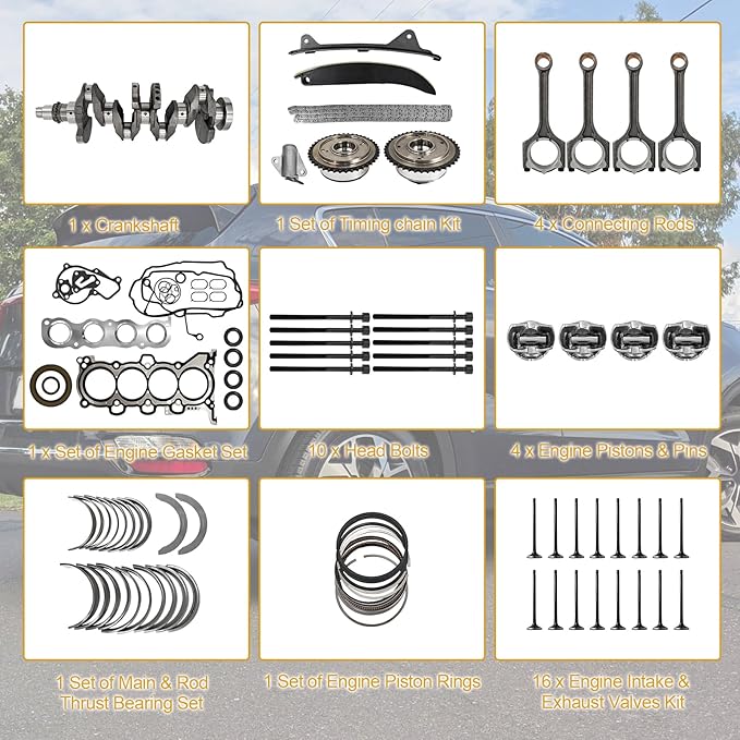 G4NC 2.0L Engine Rebuild Overhaul Kit w/Crankshaft, Timing Chain Kit, Head Gasket Set & Pistons Fits for Kia Sportage; for Hyundai Sonata Santa Fe Sport Replace# 23110-2E501 623V6-2EH00 23510-2E001