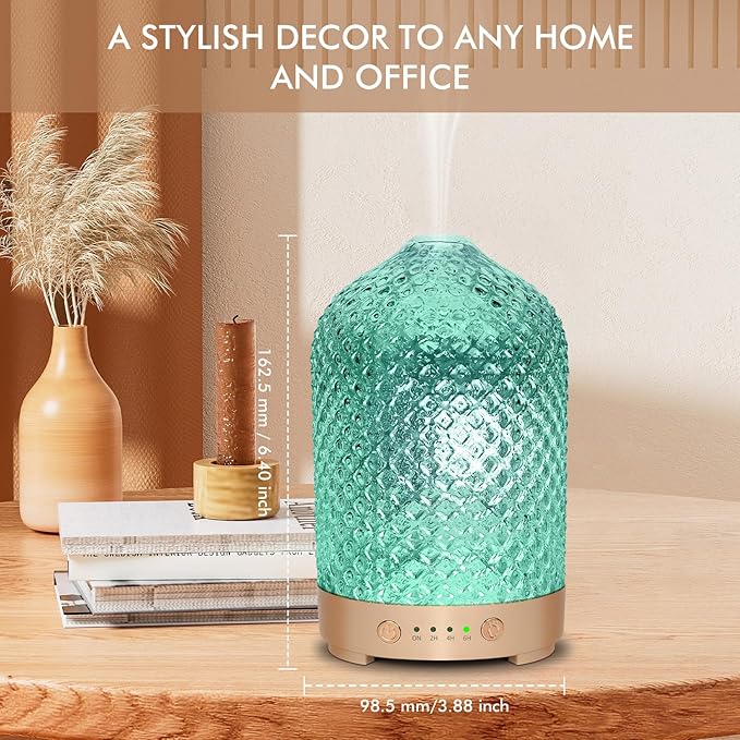 Glass Essential Oil Diffuser 200ml-Ultrasonic Aroma Diffuser with Glass Dome, Aromatherapy Diffuser with 4 Timers 7 Color LED Lights Waterless Auto Off for Home Office Yoga Gift