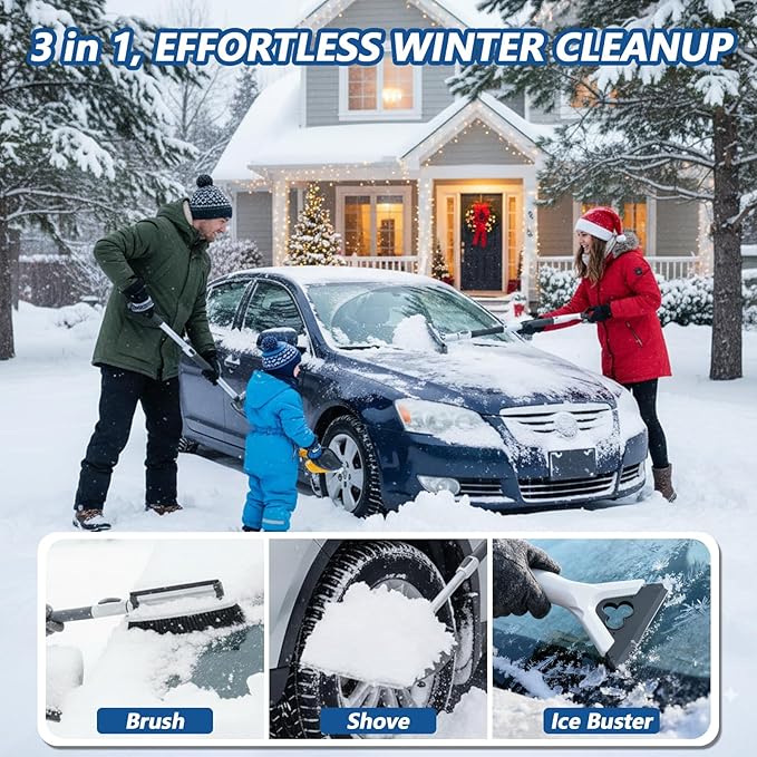 Extra Long 61.5" Ice Scrapers for Car Windshield, Extendable Snow Shovel and Snow Brush for Trucks with 180Β° Pivoting Brush Head, Portable Winter Snows Removal Tools for Trucks Cars SUVs Vehicle