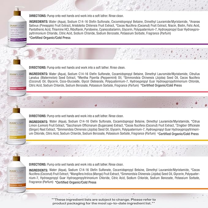 RAW SUGAR Hand Wash Variety Bundle - Lemon Sugar, Watermelon + Fresh Mint, Pineapple + Maqui Berry + Coconut & Raw Coconut + Mango, Formulated without Sulfates & Parabens (16.9 fl. oz, Pack of 4)