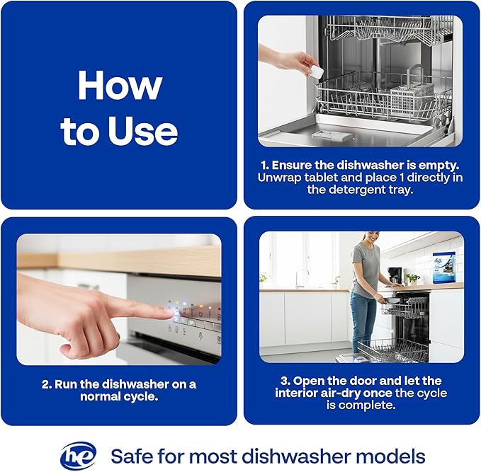Earth Breeze Dishwasher Cleaner Tablets – 4-in-1 Cleans, Deodorizes, Refreshes & Protects – Removes Odor, Buildup & Residue – Fragrance Free, No Harsh Chemicals, Safe for All Dishwashers - Made in USA
